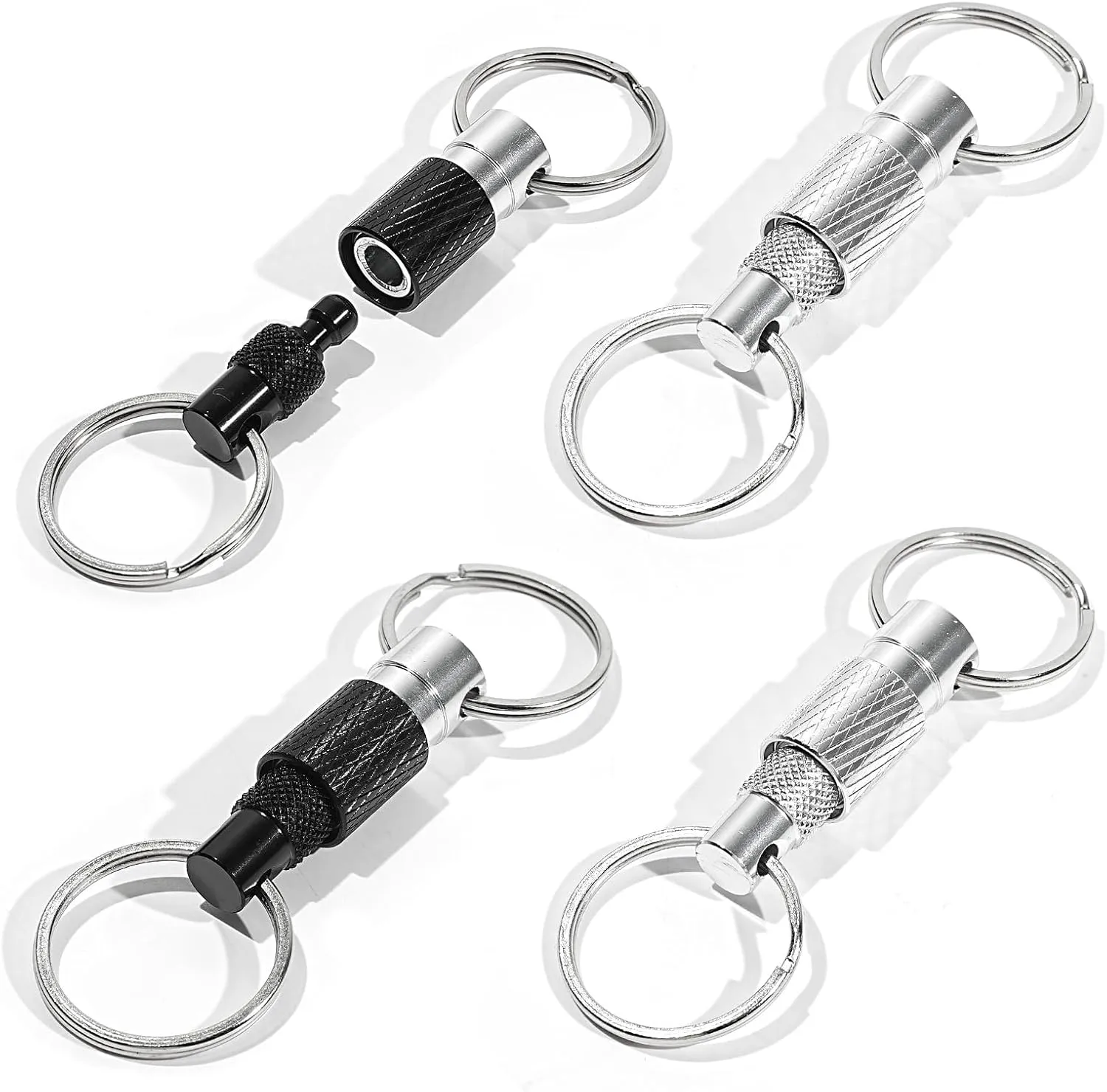 4 Pack Quick Release Keychain Set – 2 Black & 2 Silver Detachable Key Rings for Keys, Bags, and Accessories