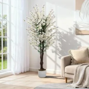 5FT Artificial Wintersweet Tree in Pot, Fake Potted Flower Trees with Lifelike Plum Blossom, Decorative Evergreen Flowers Plants Indoor, for Home Living Room Outdoor Office Decor