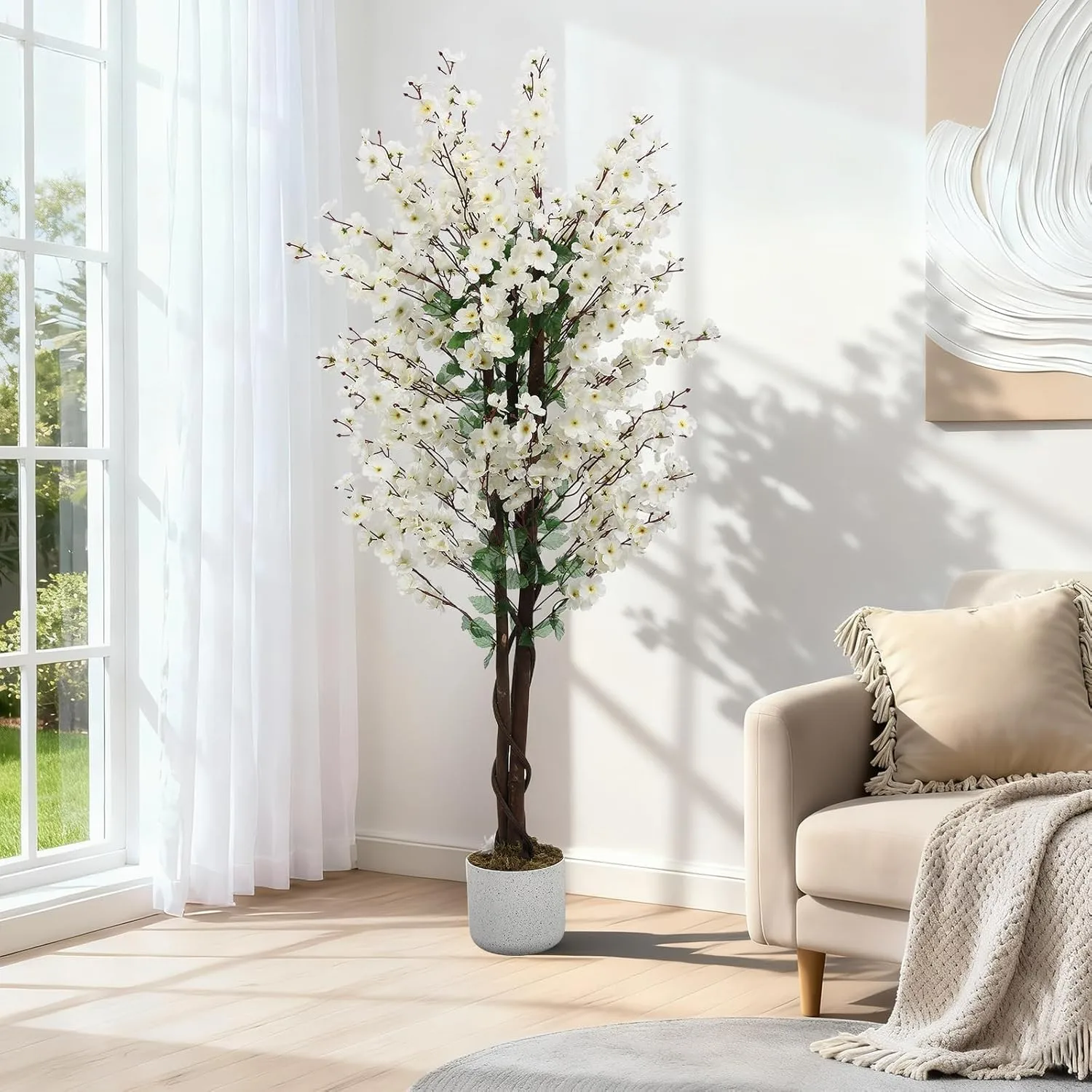 5FT Artificial Wintersweet Tree in Pot, Fake Potted Flower Trees with Lifelike Plum Blossom, Decorative Evergreen Flowers Plants Indoor, for Home Living Room Outdoor Office Decor