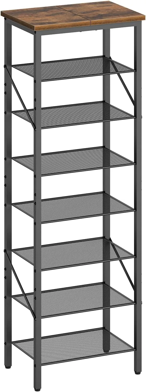 8-Tier Narrow Shoe Rack, Tall Shoe Rack for 8-16 Pairs, Slim Shoe Storage Organizer with Metal Frame, for Hallway, Entryway, Living Room, Rustic Brown and Black SRHR08401 8-Tier Narrow Shoe Rack, Tall Shoe Rack for 8-16 Pairs, Slim Shoe Storage Organizer with Metal Frame, for Hallway, Entryway, Living Room, Rustic Brown and Black SRHR08401