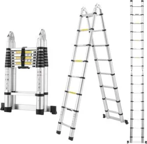 A-Frame Aluminum Telescopic Extension Ladder with Non-Slip Feet, 16.5FT Rv Telescope Foldable Extendable Compact Ladders for House Roof Travel Trailers, Adjustable Retractable, 330lbs Capacity