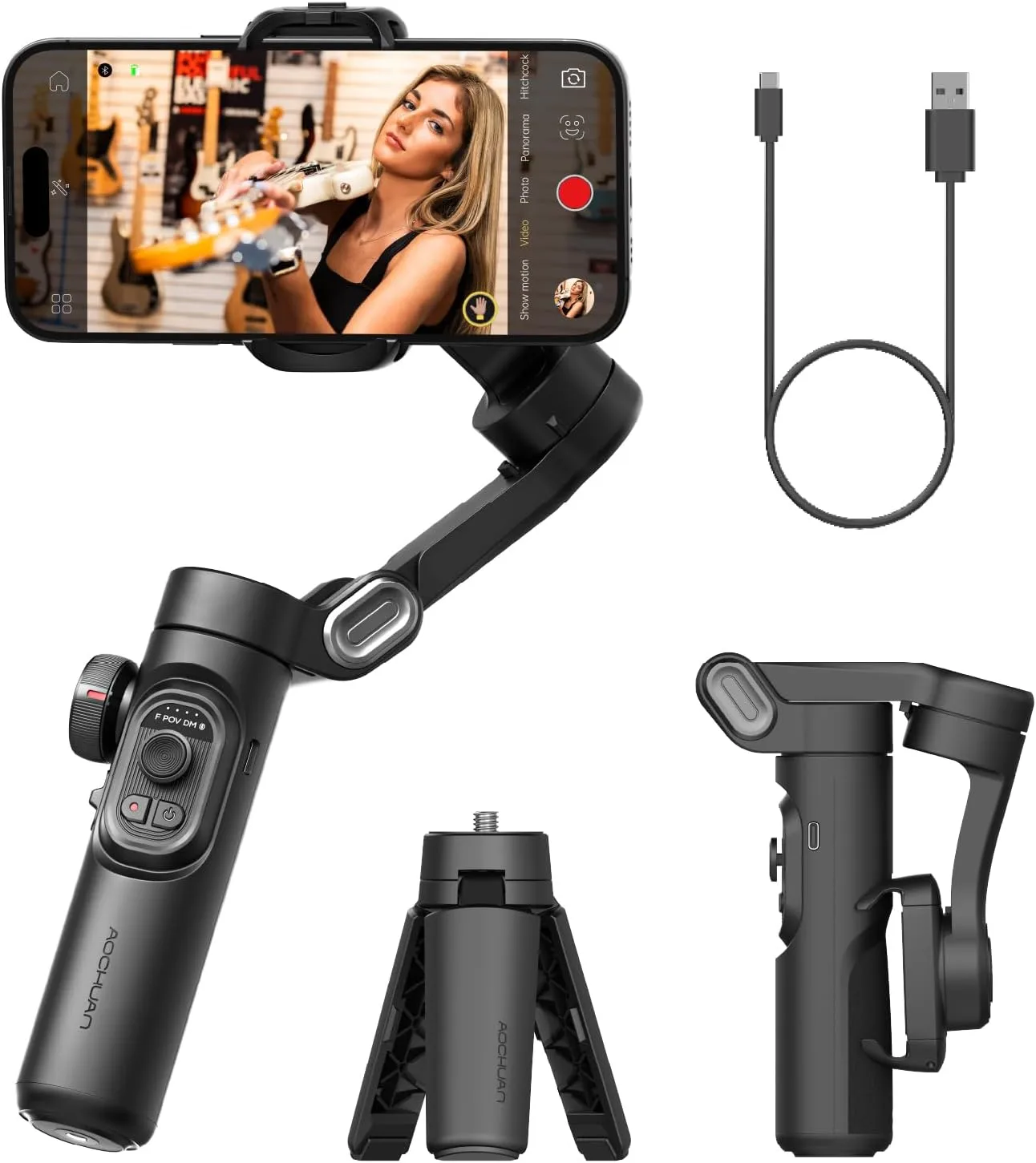 AOCHUAN Phone Gimbal Stabilizer 3-Axis Smartphone Foldable Handheld Gimbal for iPhone with Focus Wheel TikTok YouTube Vlog Stabilizer for iPhone16 15 14 13 12 Pro Max Android-Smart XE