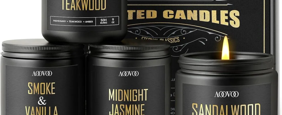 AOOVOO Scented Candles for Men – 4 Pack Candles for Home Scented, 36oz Soy Wax, 200 Hour Burn Time, Men Candle Set, Sandalwood Oud/Mahogany Teakwood/Smoke Vanilla/Jasmine Candle Set A
