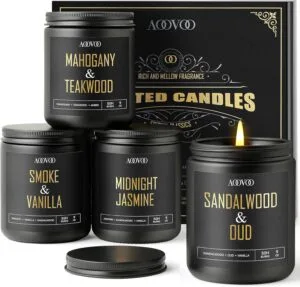 AOOVOO Scented Candles for Men - 4 Pack Candles for Home Scented, 36oz Soy Wax, 200 Hour Burn Time, Men Candle Set, Sandalwood Oud/Mahogany Teakwood/Smoke Vanilla/Jasmine Candle Set A