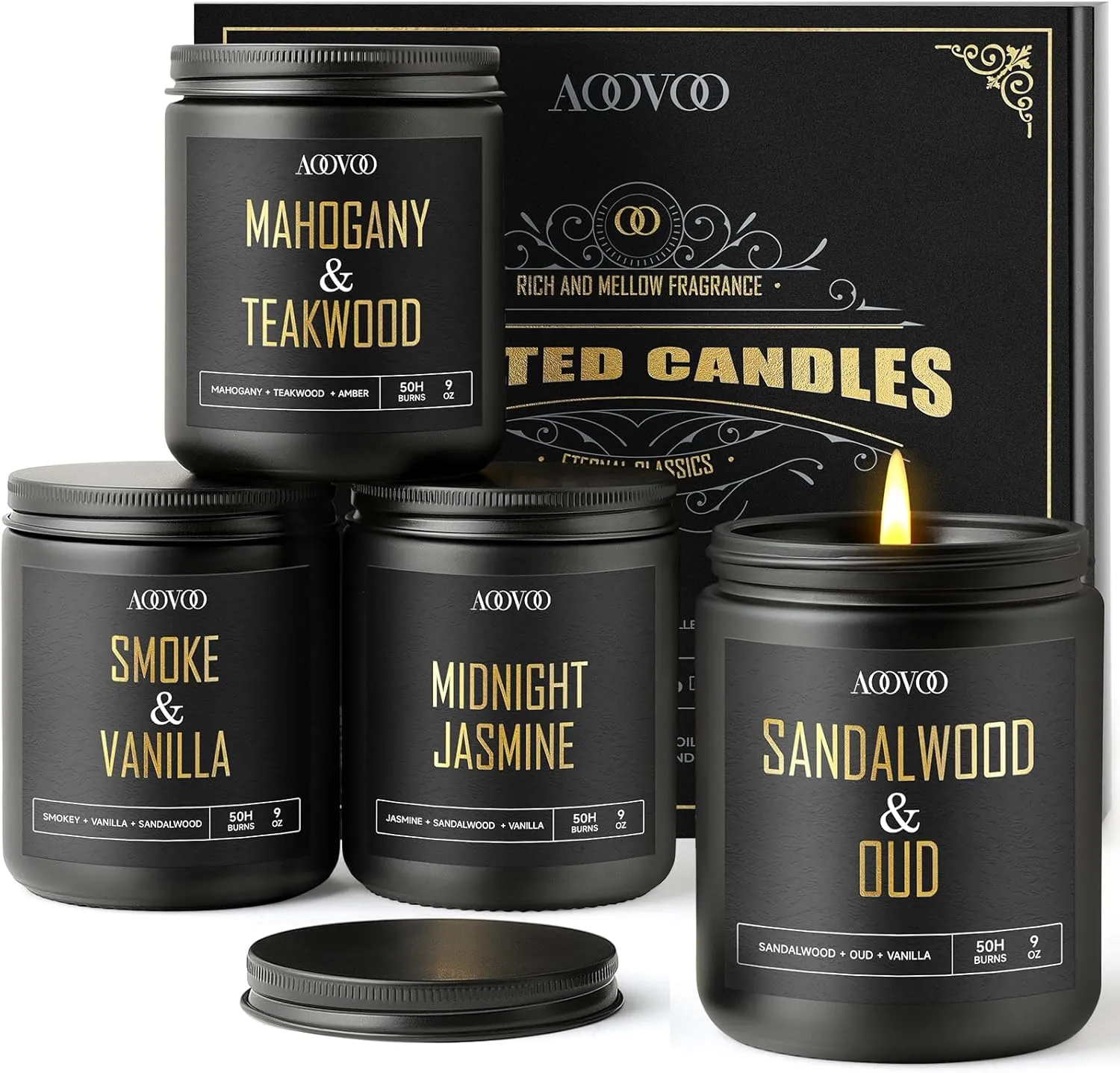 AOOVOO Scented Candles for Men – 4 Pack Candles for Home Scented, 36oz Soy Wax, 200 Hour Burn Time, Men Candle Set, Sandalwood Oud/Mahogany Teakwood/Smoke Vanilla/Jasmine Candle Set A