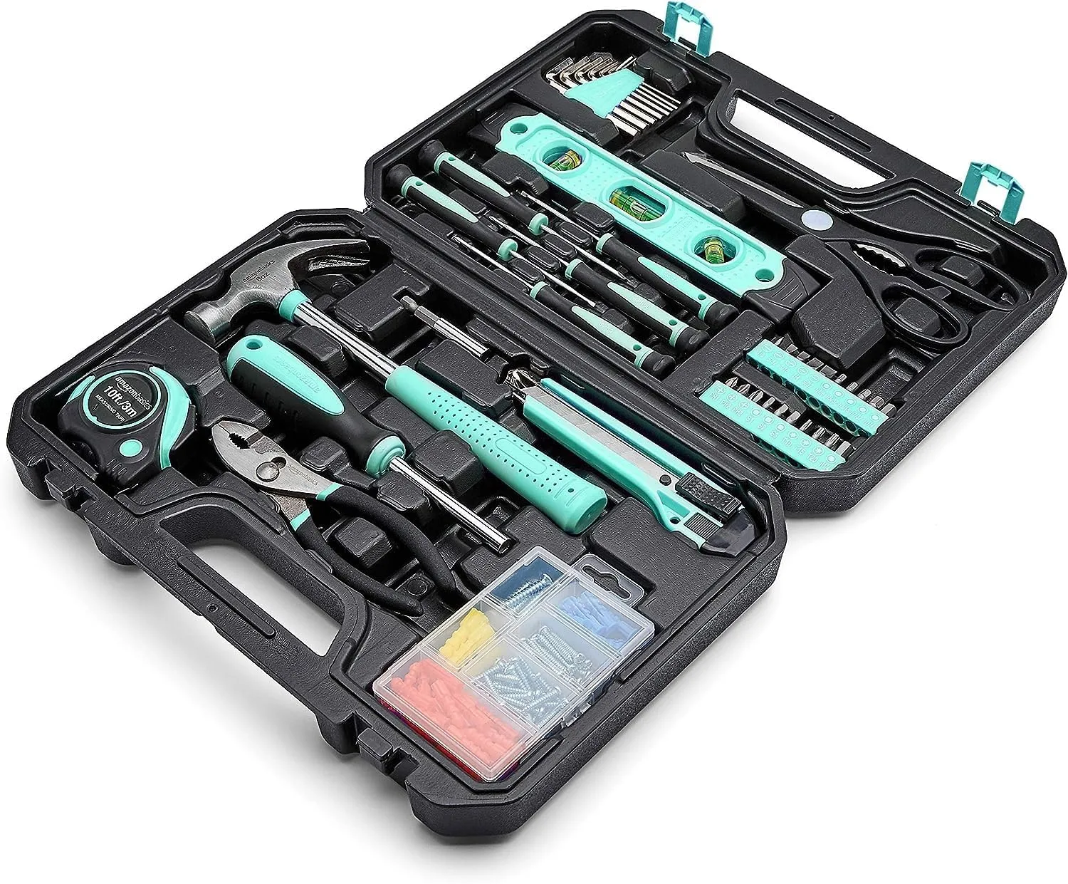 Amazon Basics Household Tool Kit With Storage Case, 142 Piece, Turquoise, 13.39 x 9.25 x 2.95 inch Amazon Basics Household Tool Kit With Storage Case, 142 Piece, Turquoise, 13.39 x 9.25 x 2.95 inch