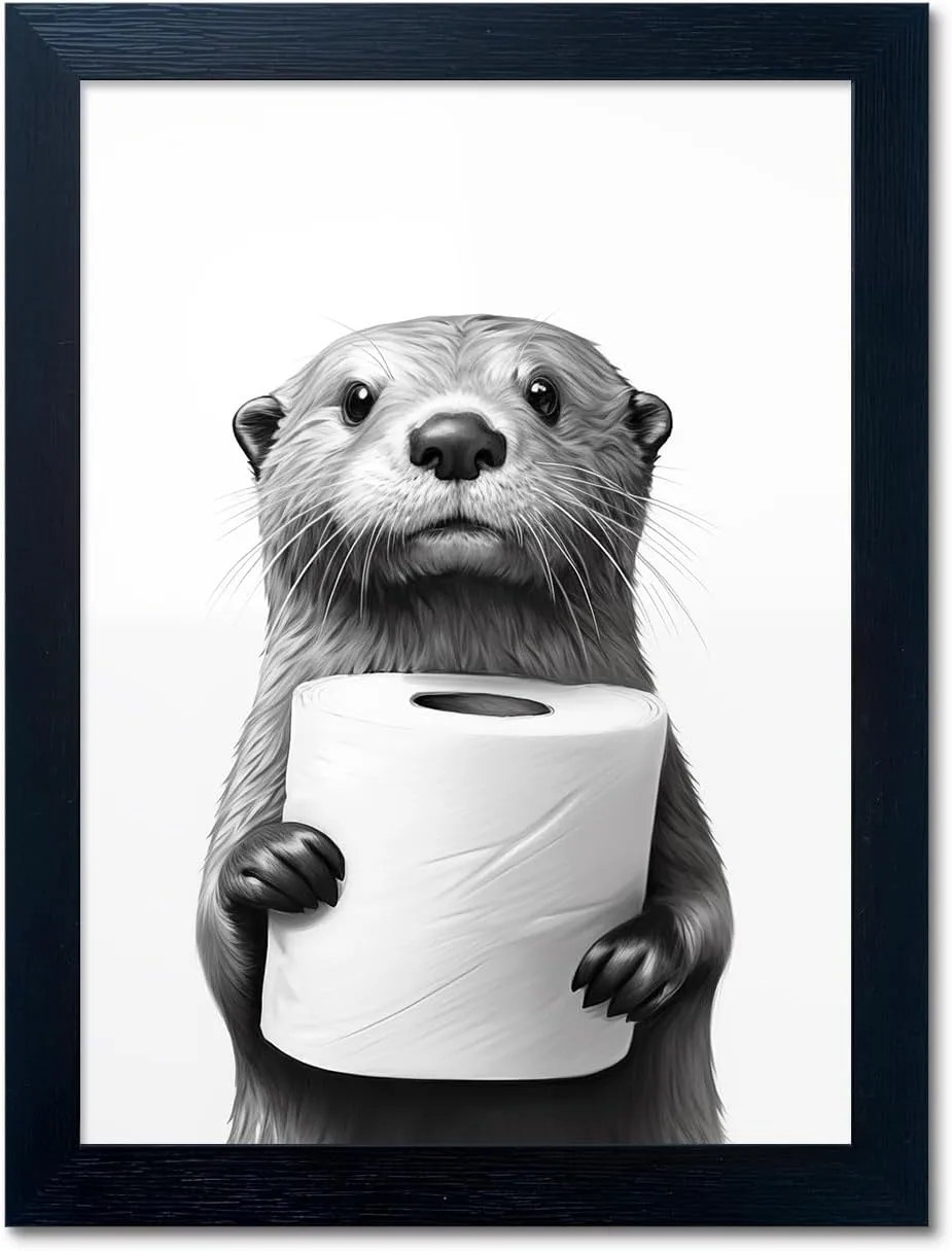Bathroom Picture Wall Decor, Framed Black and White Bathroom Wall Art, Toilet Paper in Little Funny Raccoon’s Hand Animal Canvas Print Painting