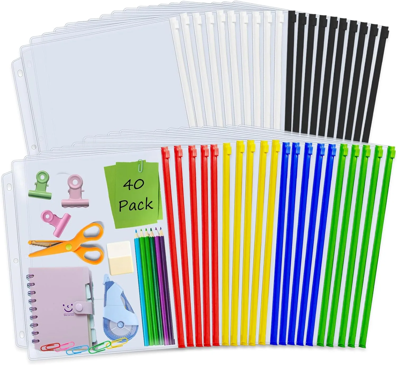 Binditek 40 Pack Plastic Zippered Binder Pockets, 3-Hole Punched for 3 Ring Binder, Clear PVC with Multicolor Zippers, Waterproof Loose Leaf Bag Pouch for Document Filing and Storage