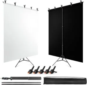 Black White Backdrop Screen with Stand Kit for Photo Video Studio Filming 5X6.5ft, Black Backdrop White Photo Curtain Background with T Shape Stand and 5 Spring Clamp for Photography Party Decorations
