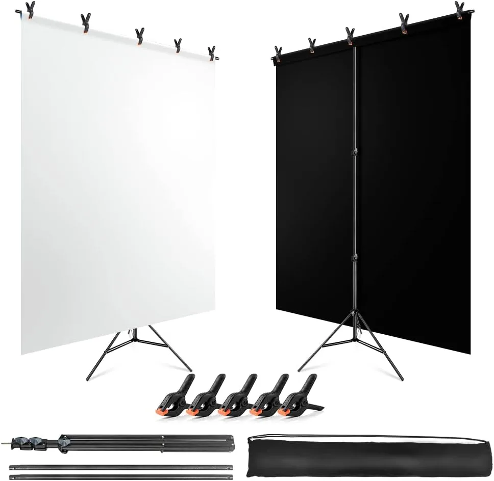 Black White Backdrop Screen with Stand Kit for Photo Video Studio Filming 5X6.5ft, Black Backdrop White Photo Curtain Background with T Shape Stand and 5 Spring Clamp for Photography Party Decorations