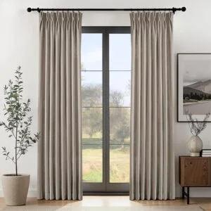 Burlap Flax linen Curtains Pinch Pleated 84 Inch Long 2 Panels for Living Room Bedroom Taupe Thick Linen Textured Semi Sheer Rustic Farmhouse Back Tab Pleat Drapes With Hooks Floor to Ceiling Curtains