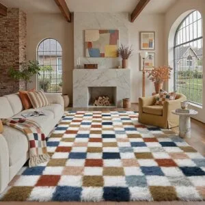 Checkered Rug 8x10 for Living Room, Modern Rainbow Shag Rug Washable Non-Slip Large Area Rug Super Soft Indoor Fuzzy Carpet Fluffy Rugs for Bedroom Home Aesthetic Decor