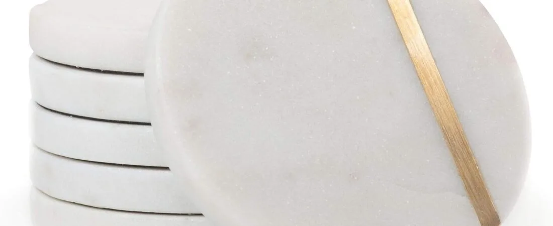 Cork & Mill Marble Coasters Set of 6 – Luxury Aesthetic Modern Decor for Coffee Table- White Marble with Gold Brass Inlay – Real Natural Semi Absorbent Stone Coasters