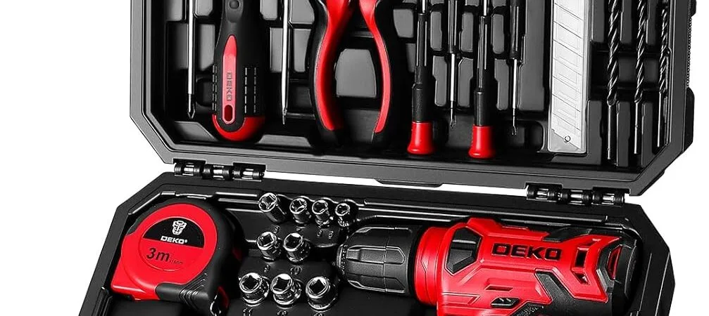 DEKOPRO Drill Set: Tool Set with 8V Red Cordless Drill, Home Tool Kit with Drill, Hand Tool Kits for Women 126 Piece