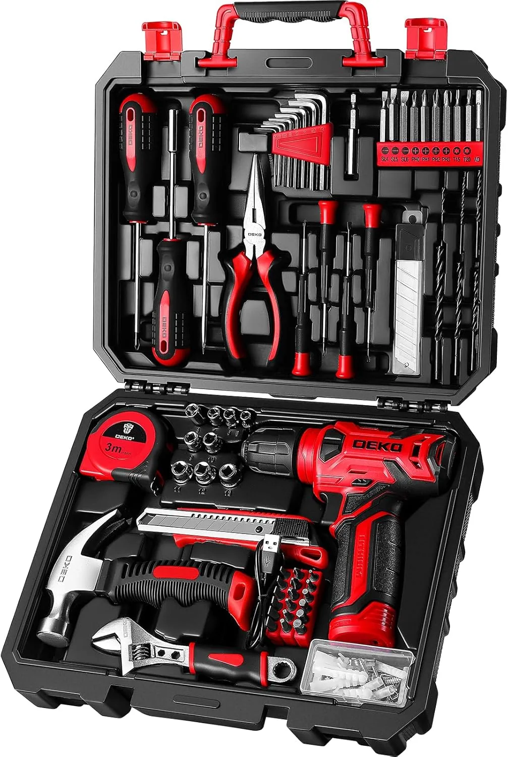 DEKOPRO Drill Set: Tool Set with 8V Red Cordless Drill, Home Tool Kit with Drill, Hand Tool Kits for Women 126 Piece DEKOPRO Drill Set: Tool Set with 8V Red Cordless Drill, Home Tool Kit with Drill, Hand Tool Kits for Women 126 Piece