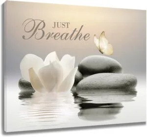EOBTAIN Zen Flower Canvas Wall Art Bathroom Butterfly and Water Lily Stone Relaxing Spiritual Yoga Framed Wall Art Just Breathe Pictures Canvas Wall Decor for Living Room Bedroom,12x16 Inches