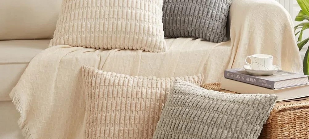 Fancy Homi 4 Packs Neutral Decorative Throw Pillow Covers 18×18 Inch for Living Room Couch Bed Sofa, Rustic Farmhouse Boho Home Decor, Soft Plush Striped Corduroy Square Cushion Case 45×45 cm