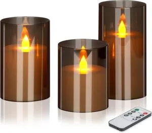 Flameless Candles 4" 5" 6" Set of 3 Acrylic Glass Pillars 3" Diameter Battery Operated Flickering Candles Include 8-Key Remote with Timer Function 400+ Hours (Gray, 3 Pack)