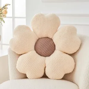 Flower Throw Pillow, Cute Flower Shaped Pillow Decorative Throw Pillow for Bed Couch, Soft Daisy Pillows Floor Seating Cushion Cushions (14.9 Inch Ivory+Brown)