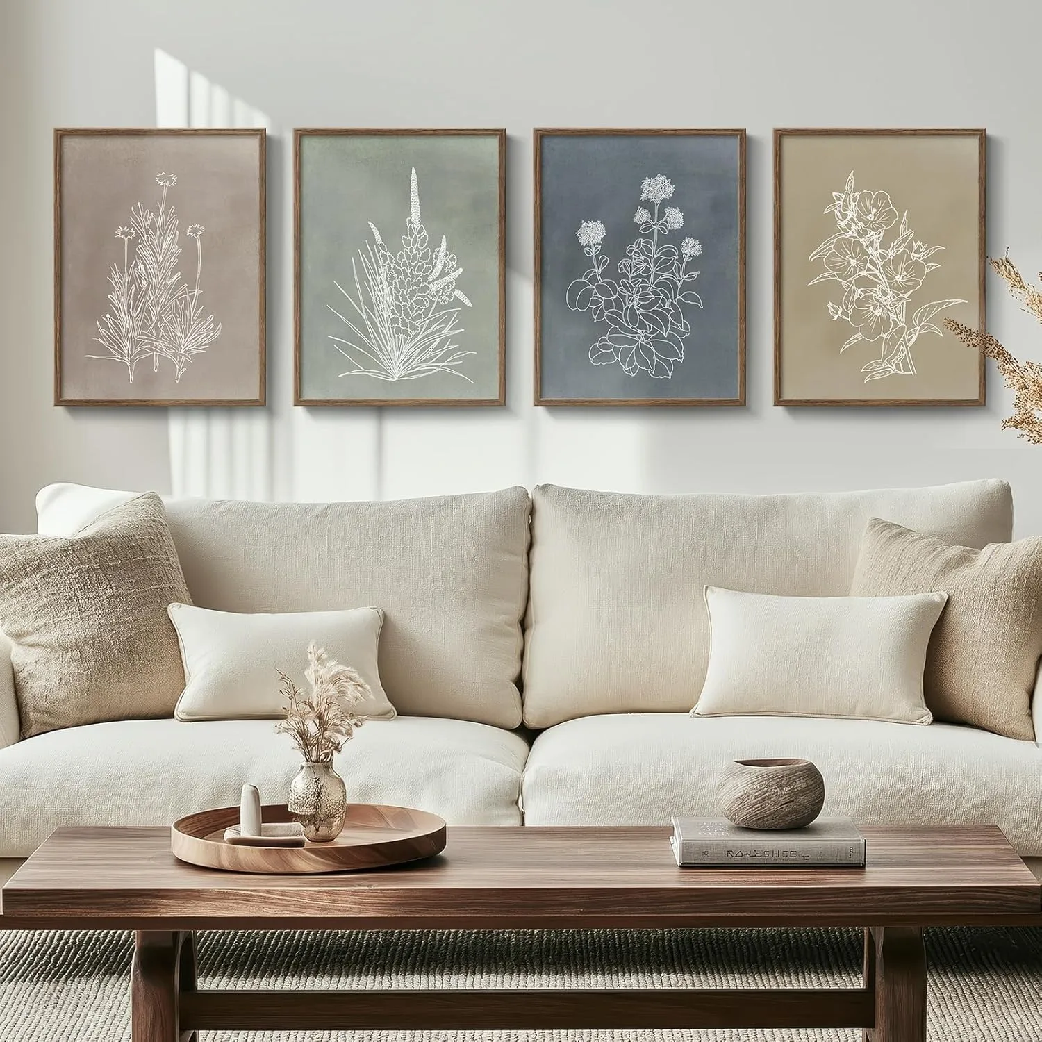 Framed Boho Botanical Wall Art for Living Room, 4 Piece Rustic Floral Canvas Painting Prints, Vintage Minimalist Neutral Flower Artwork for Modern Farmhouse Bedroom Dining Room Office Wall Decor