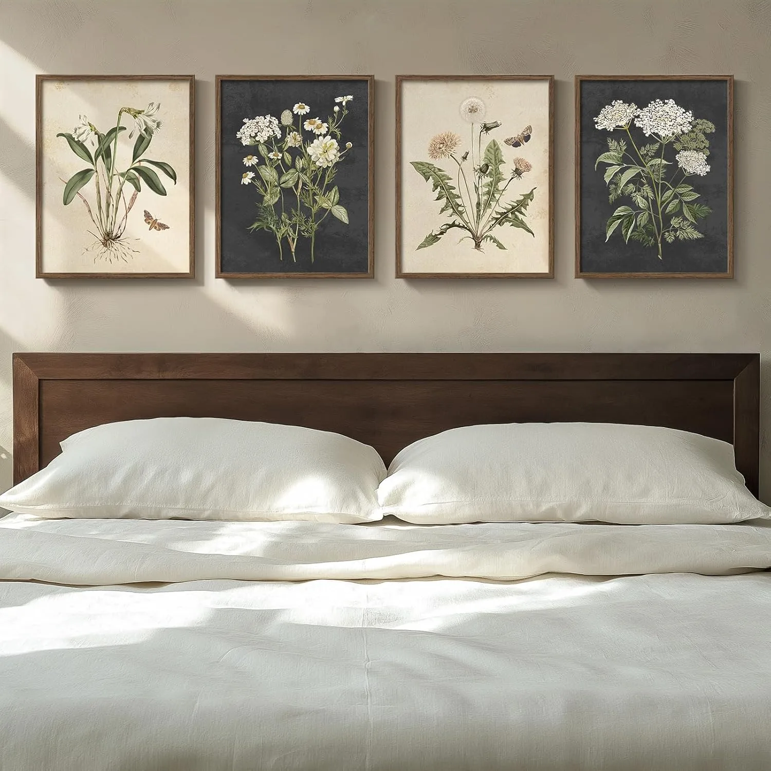Framed Vintage Botanical Wall Art Bedroom, 4 Piece Rustic Farmhouse Floral Canvas Prints Artwork, Neutral Flower Butterfly Pictures for Modern Farmhouse Living Room Kitchen Bathroom Wall Decor, 11×14