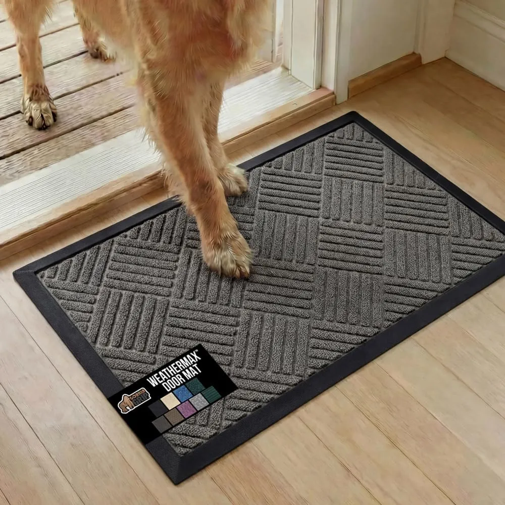 GORILLA GRIP 100% Waterproof All-Season WeatherMax Doormat US Designed Natural Rubber, Stain Fade Resistant, Low Profile Indoor Outdoor Door Mats, Easy Clean, 17×29 Gray Diamond