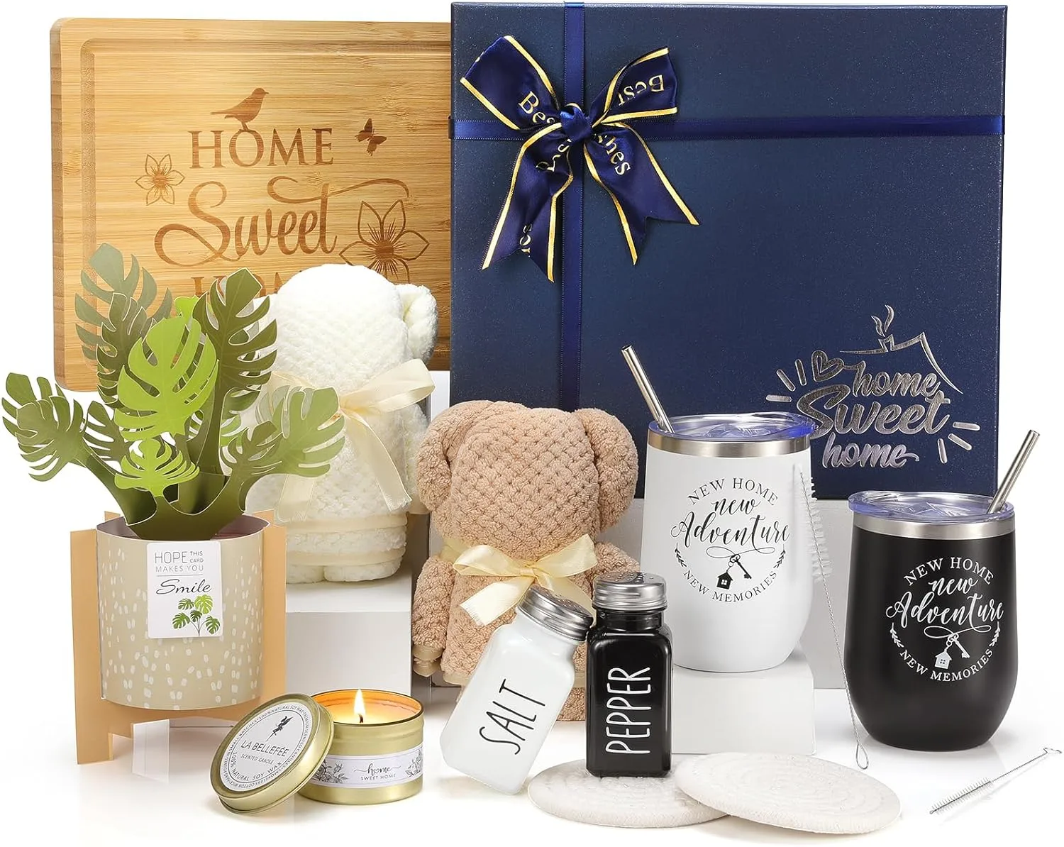 House Warming Gifts New Home, 12 Pcs Housewarming Gifts Basket for New House with Gift Box Packaging, 3D Botanical Greeting Card, Cutting Board for Couple, Closing Gifts for Home Buyers