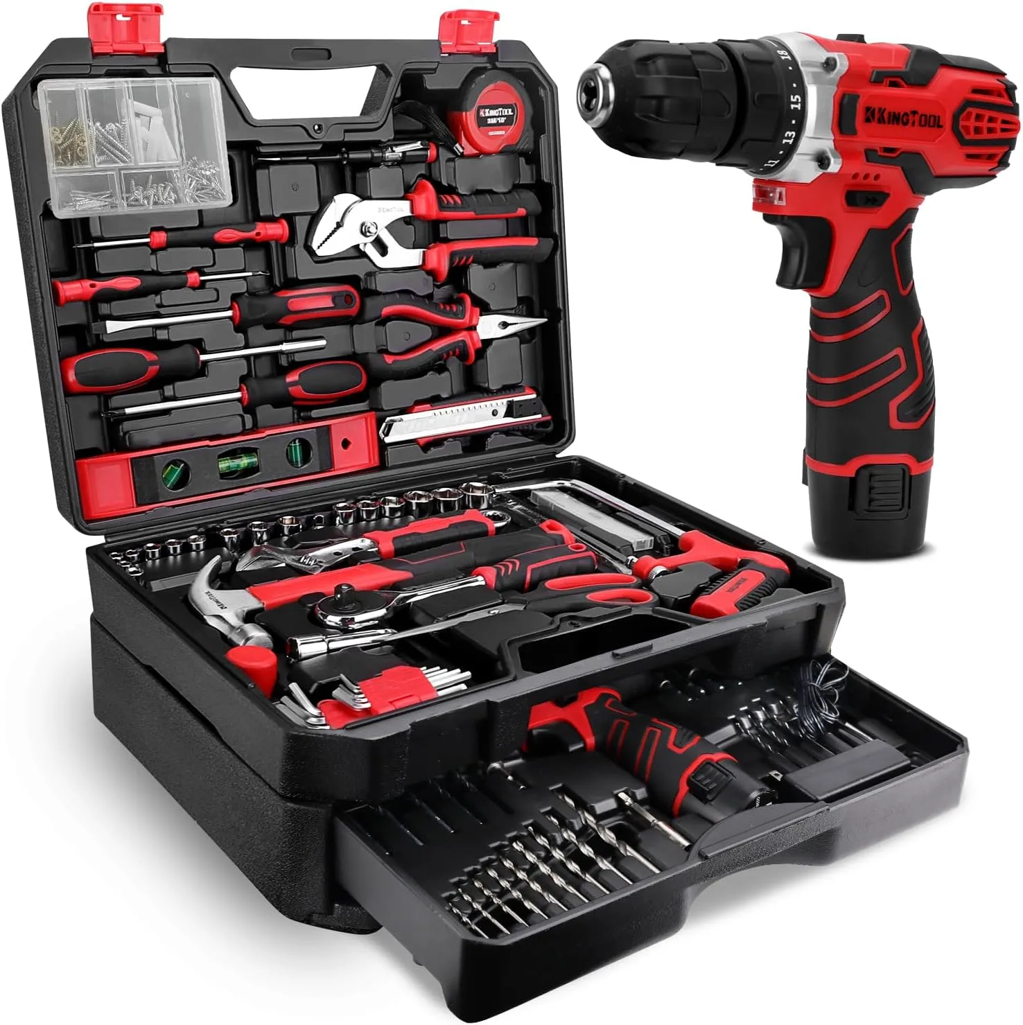 KingTool 276-Piece Tool Set Kit – Tool kit with 12V Cordless Power Drill Driver Toolbox Storage Case with Drawer, Drill Set Perfect for Homeowner, Diyer, Handyman