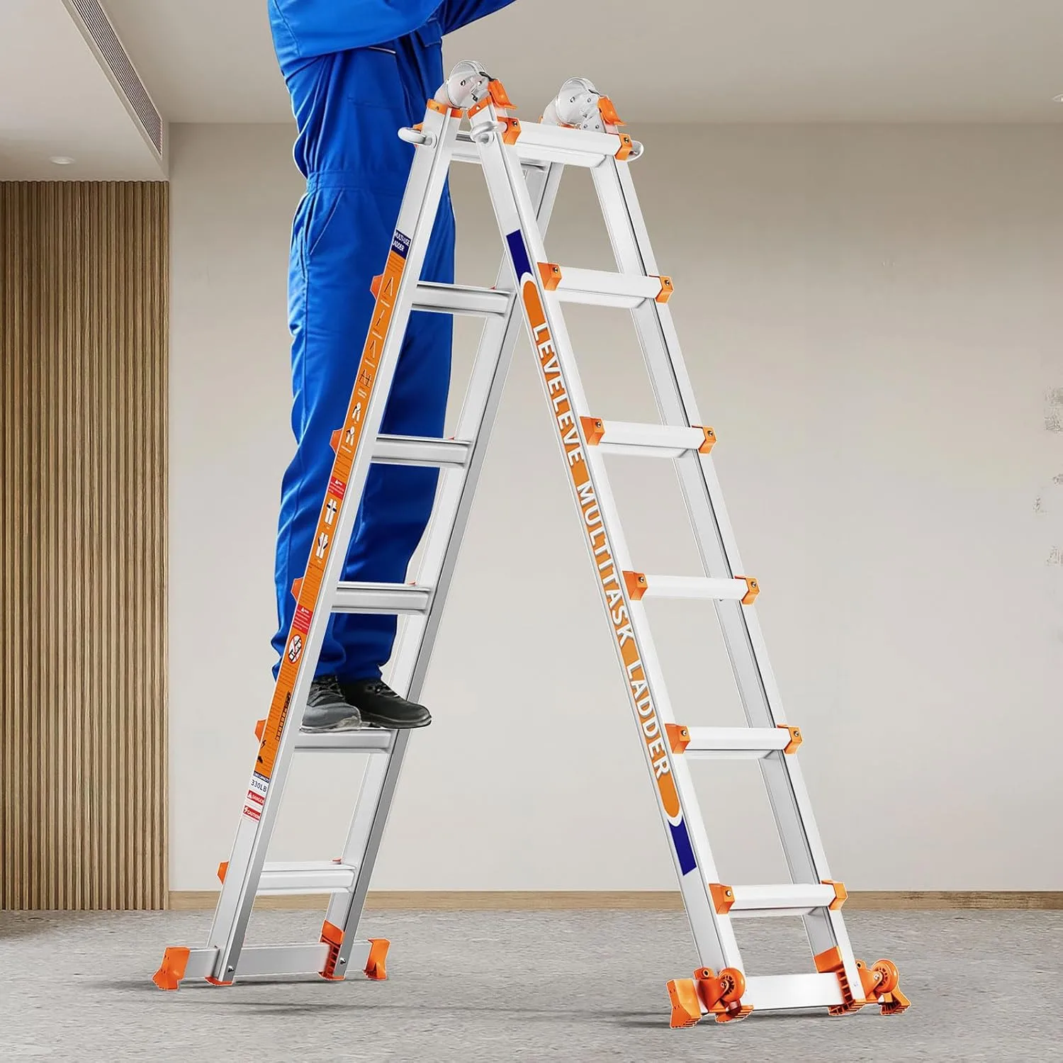 LEVELEVE 22FT Extension Ladder,A Frame 6 Step Ladder with Stabilizer Bar & Wheels,330 lbs Security Load Multi Position Ladder for Stairs Home Indoor Outdoor Roof