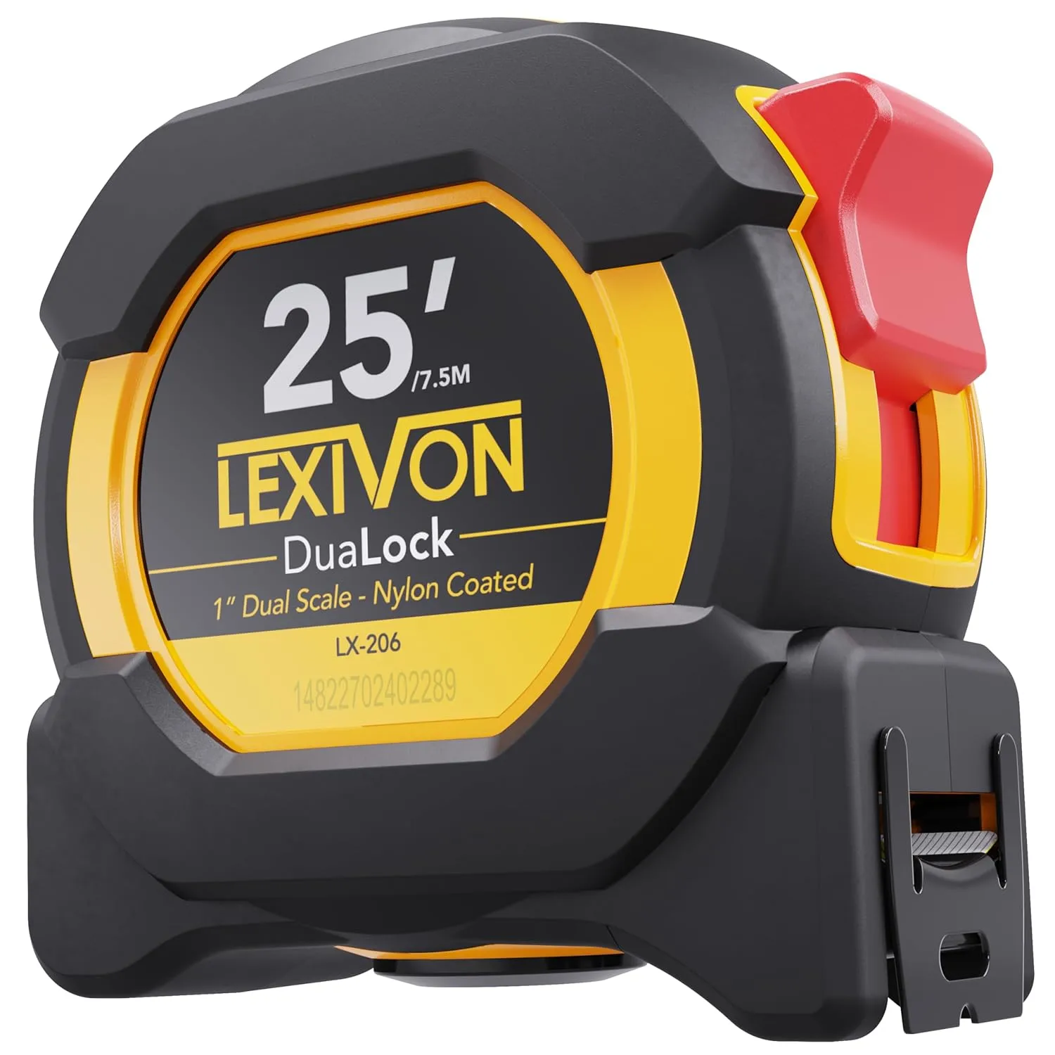 LEXIVON 25Ft/7.5m DuaLock Tape Measure | 1-Inch Wide Blade with Nylon Coating, Matt Finish White & Yellow Dual Sided Rule Print | Ft/Inch/Fractions/Metric (LX-206)