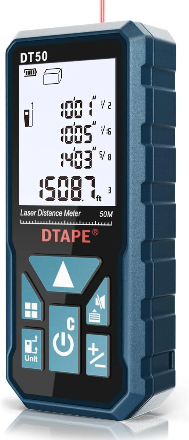 Laser Measure, DTAPE 165 Ft Digital Laser Distance Meter, Upgraded High-Accuracy Laser Measuring Tool, Electronic Tape Measure, 2″ Backlit LCD Display, Area/Volume/Indirect Measurement, in/Ft/Ft+in/M