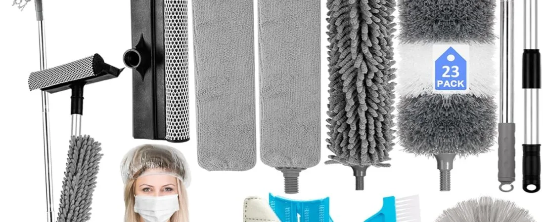 Microfiber Duster Kit 23pcs with 30 to 100 Inches Extension Pole and Extendable Window Squeegee, Washable and Bendable Feather Duster for Cleaning Ceiling Fans, High Ceilings, Cobwebs, Blinds
