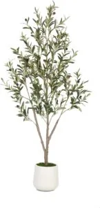 Olive Trees Artificial Indoor, 5FT Tall Faux Olive Tree with White Tall Planter, Artificial Plants with Natural Wood Trunk and Lifelike Fruits for Home Office Decor