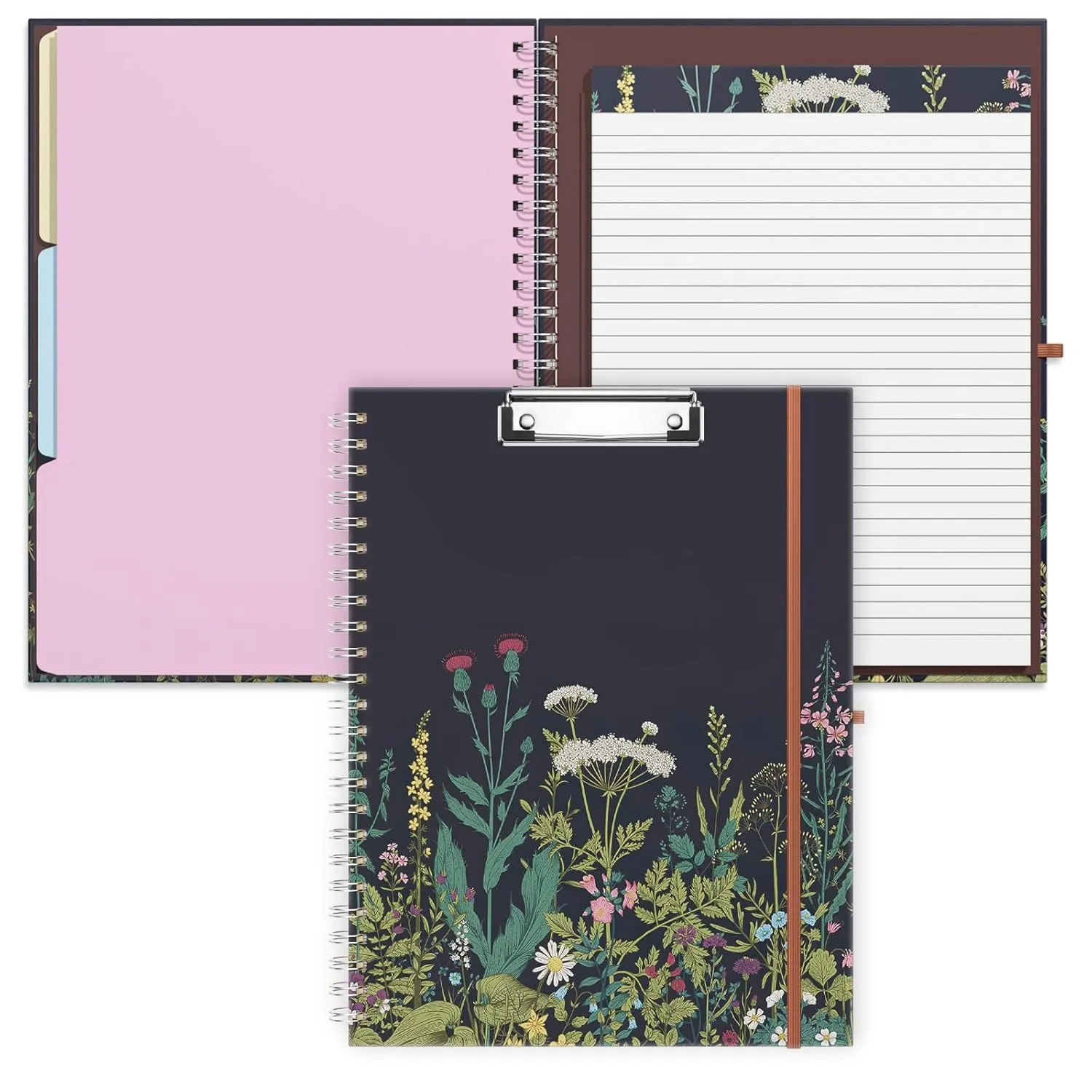 Rimilak Spiral Clipboards Folio with Refillable Lined Notepad, 14.5 x 9.8 In, Hardcover Cover with 5 Interior Pockets, Elastic Band and Pen Loop Series. Cute Stylish Clipfolio, Daisy Flower