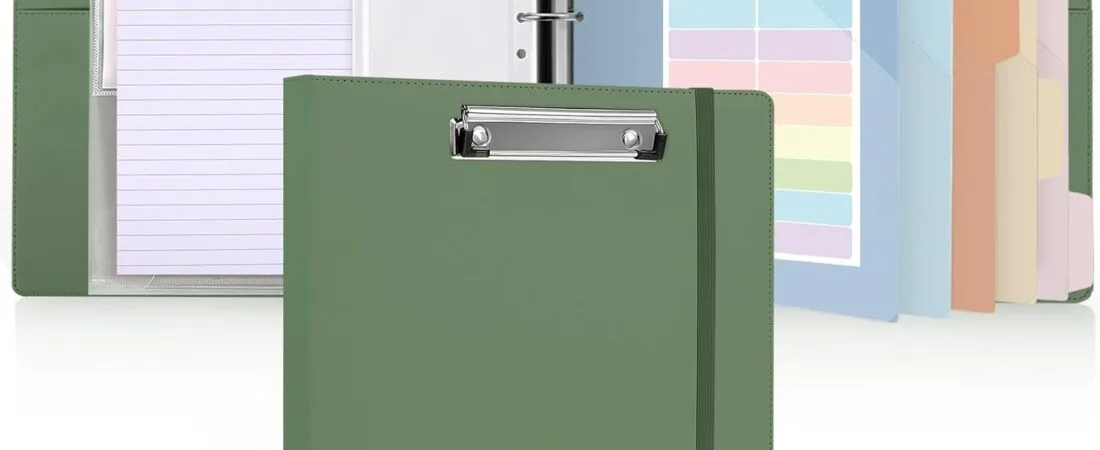 SKYDUE Clipboard Binder with Refillable Notepad, PU Clipboard Folder Includes 5 Dividers with 10 Pockets, Labels, 3 Ring Binder 1 Inch for School Office (Fit Letter Sized Paper),Olivegreen