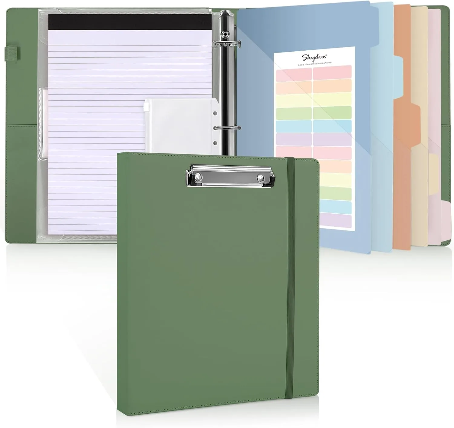 SKYDUE Clipboard Binder with Refillable Notepad, PU Clipboard Folder Includes 5 Dividers with 10 Pockets, Labels, 3 Ring Binder 1 Inch for School Office (Fit Letter Sized Paper),Olivegreen