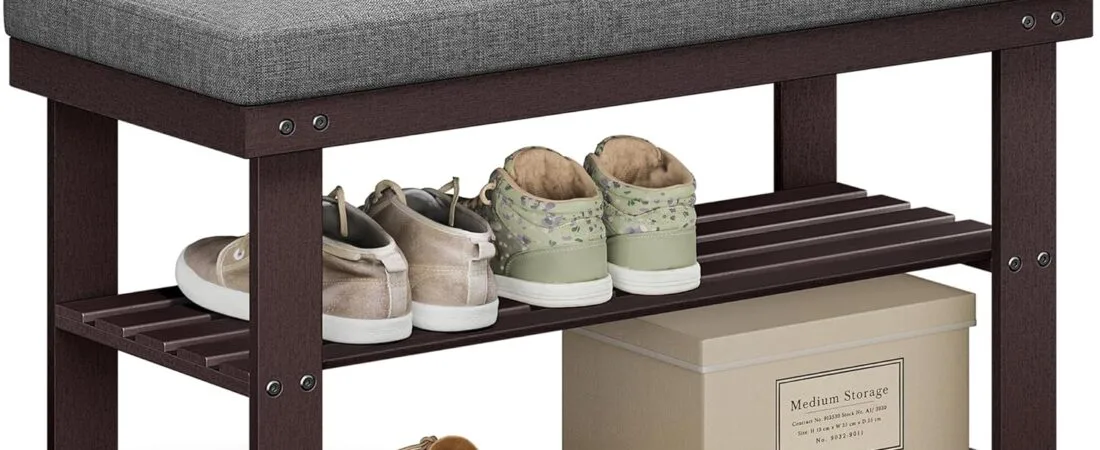 SONGMICS Bamboo Shoe Bench, 3-Tier Shoe Rack Organizer for Entryway, Living Room, Bench Seat Holds Up to 300 lb, 11.9 x 28.3 x 19.2 Inches, Rustic Walnut and Slate Gray ULBS604CG