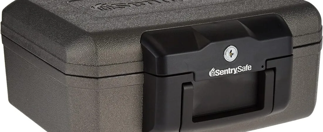 SentrySafe Fireproof Safe with Key Lock, Chest Lock Box for Home or Travel Secures Money, Documents, 0.18 Cubic Feet, 6.1 x 14.3 x 11.2 Inches, 1210