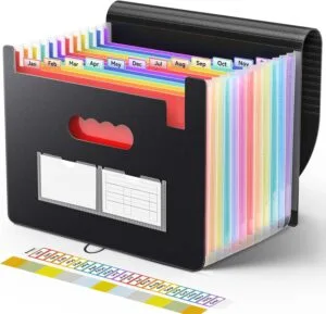 Sooez Accordion File Organizer, 13 Pockets Expanding File Folder, Portable Monthly Paper Bill Tax Receipt Organizer, Letter A4 Size Document Holder with Blank Labels, Black