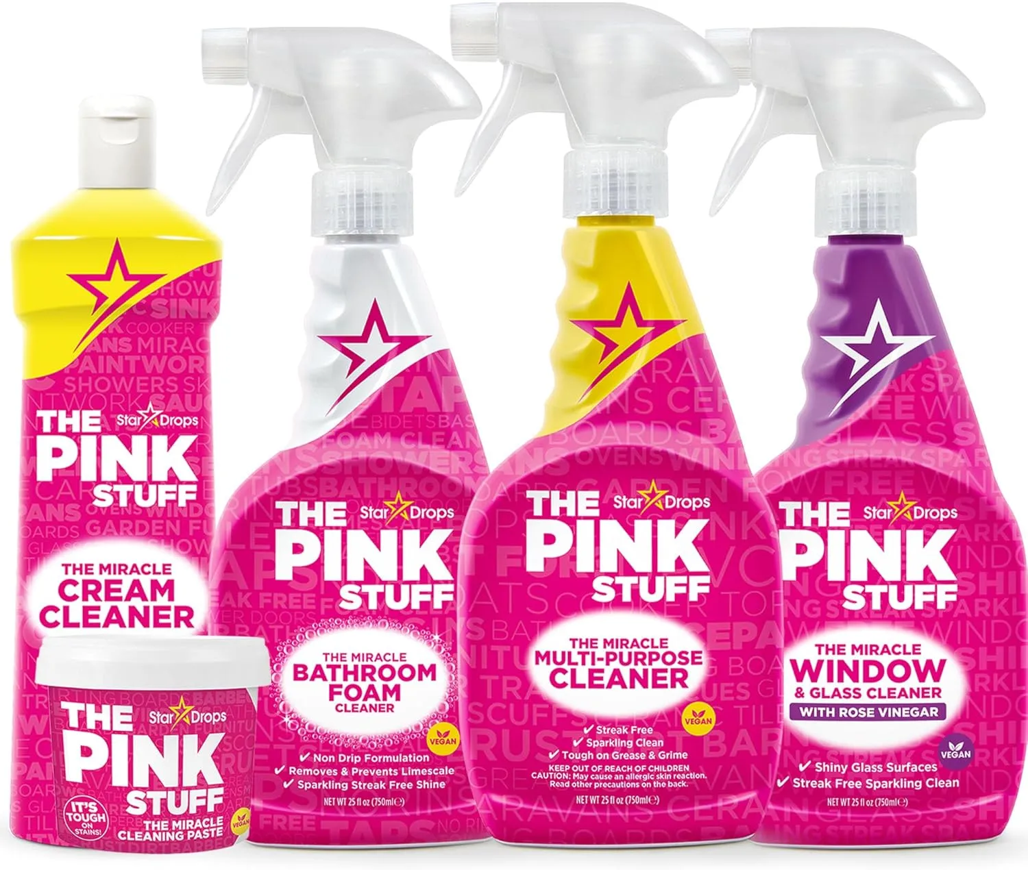 Stardrops – The Pink Stuff – The Miracle Cleaning Paste, Multi-Purpose Spray, Bathroom Foam Spray, Window & Glass Cleaner, and Cream Cleaner Bundle