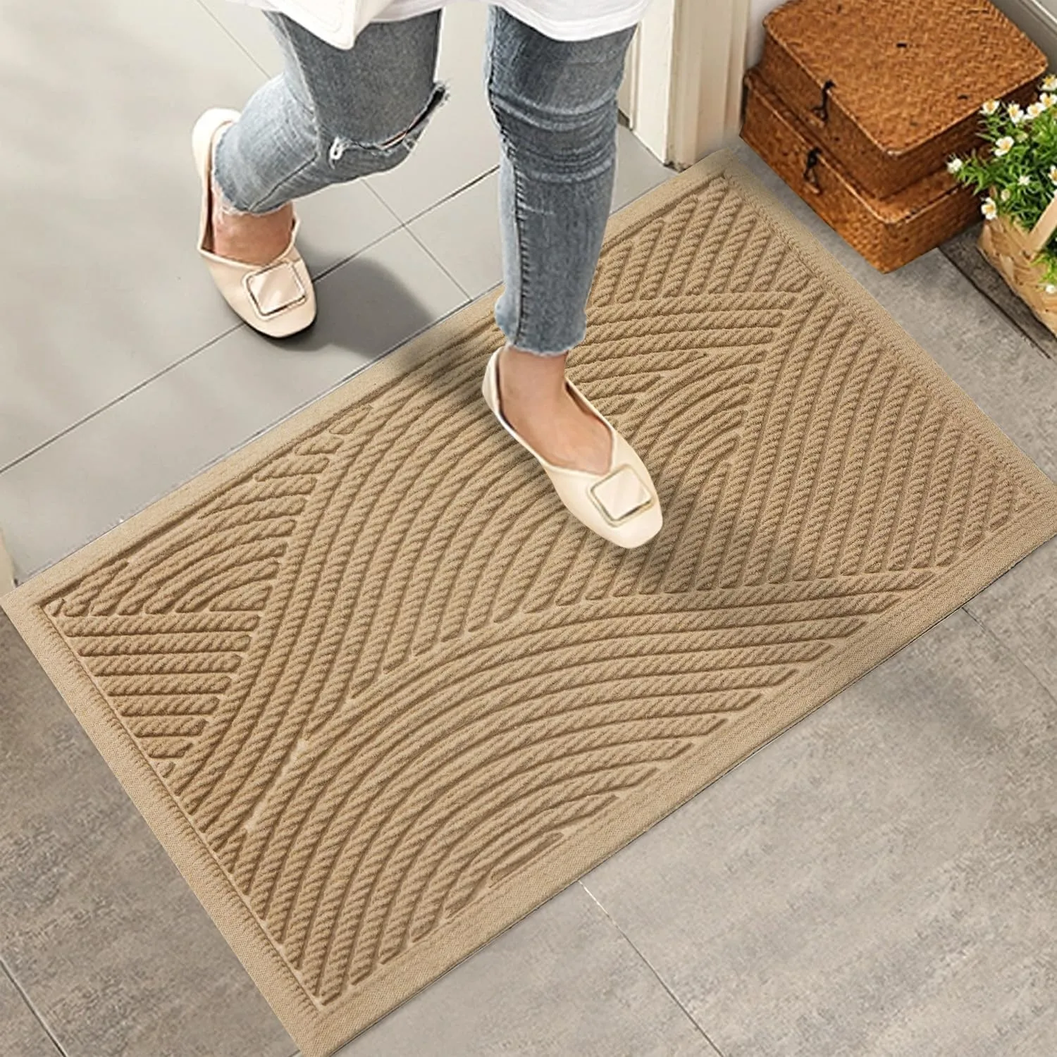 Sturdy Front Door Mat, Absorbent Muddy Dirt Resist Welcome Door Mats Outdoor Indoor, Stain and Fade Resistant, Non-Slip Backing Entry Mat Low Profile Doormat for Entryway, 29×17, Beige