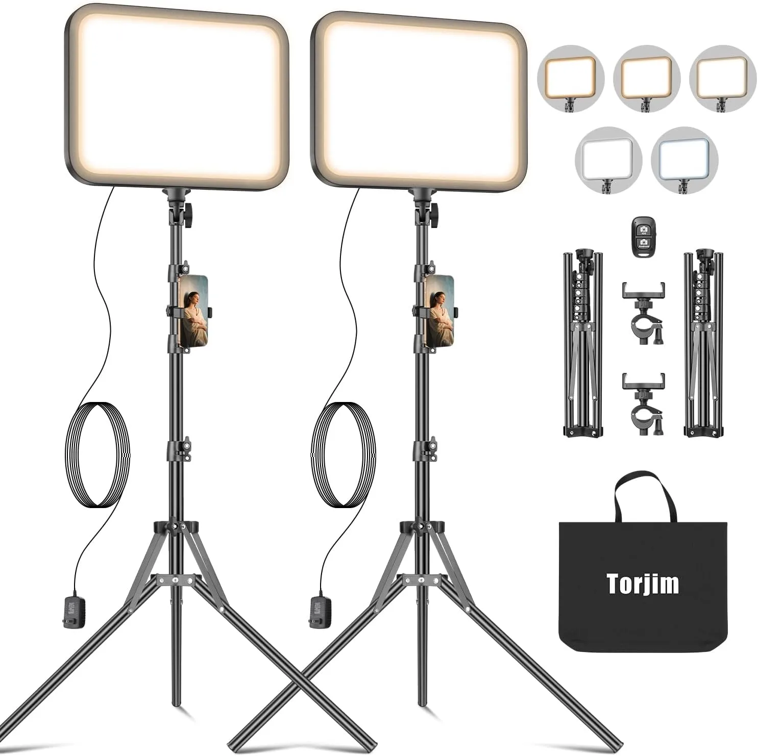 Torjim 12” LED Video Light Kit | High Brightness | 5 Lighting Modes | 3000-6500K Studio Lights with Tripod Stand, Phone Holder &Wireless Remote | Professional Photography Lighting for Video Recording