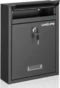Uniclife Wall Mount Mailbox for Outside, Locking Mail Box, Large Mailbox with Key Lock, Security Mail Box for House, Safe Key Drop Box, Post Box, Steel Cash Drop Box for Home Office School, Black