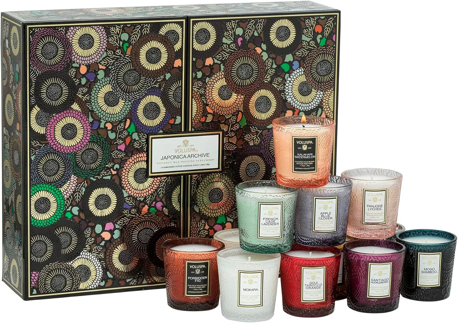 Voluspa Japonica Archive 12 Pc Votive Scented Candles Gift Set, 1.25 oz Each, Scented Candles for Home, 15 Hour Burn Time per Candle, Candle Jars Box