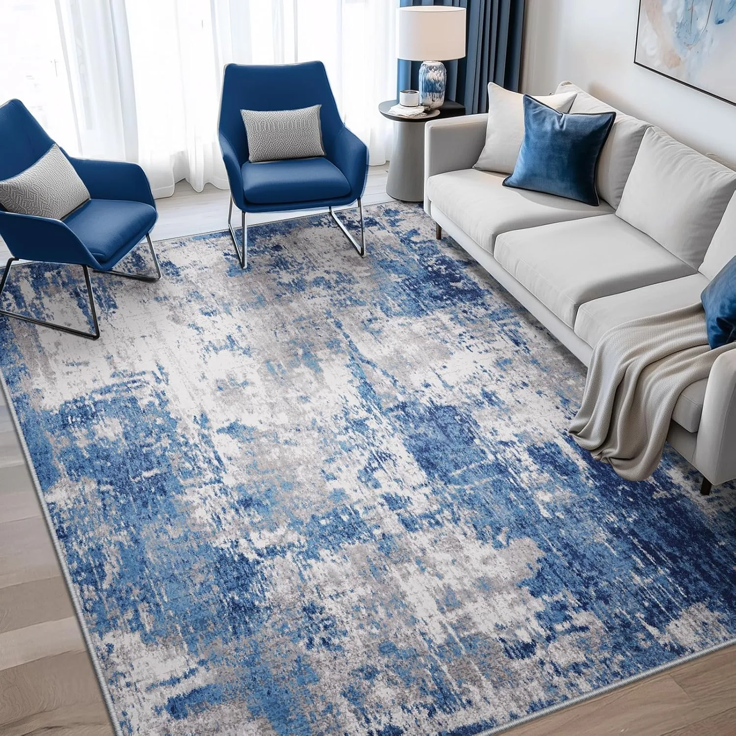 Washable Area Rugs 5’x7′ Non-Slip Modern Abstract Soft for Living Room Entryway Bedroom Nursery, Print Pattern, Blue Grey Navy Gray
