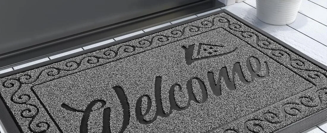 Yimobra Welcome Mat, Heavy Duty Sturdy Door Mats for Home Entrance Outdoor Indoor, Front Doormat for Outside Patio Floor Entry Porch Garage Office, Waterproof, Low Profile, 29.5×17, Black Grey