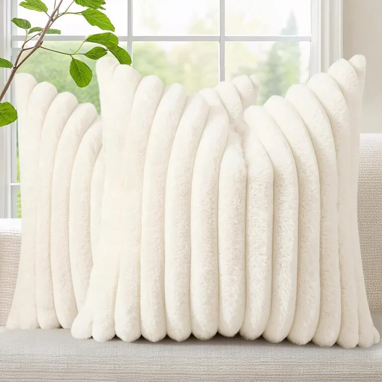 decorUhome Cozy Faux Fur Spring Throw Pillow Covers 18x18 Set of 2 Decorative Soft Plush Striped Modern Farmhouse Boho Couch Pillow Cases with Velvet Back for Sofa Bed Living Room, Cream White