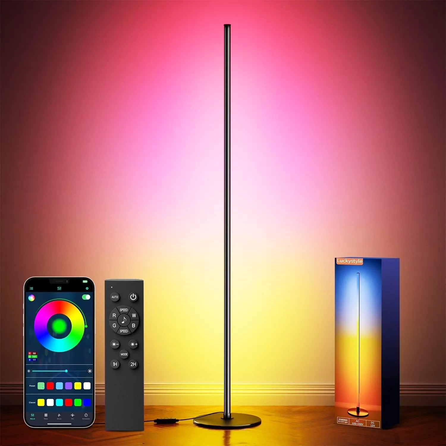 luckystyle Smart RGB+IC Corner Floor Lamp,Bright LED Tall Modern Floor Lamp with APP and Remote,Ambient Lighting Color Changing Standing Lamps with Music Mode and Timing for Living Room,Bedroom,Party luckystyle Smart RGB+IC Corner Floor Lamp,Bright LED Tall Modern Floor Lamp with APP and Remote,Ambient Lighting Color Changing Standing Lamps with Music Mode and Timing for Living Room,Bedroom,Party
