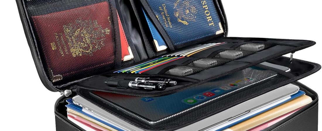 BALEINE Fireproof Document Box with Lock, Portable Fireproof Document Bag Waterproof Fire Proof File Boxes for Documents, File Organizer Box for Important Paperwork (Black, 15”x11”x4”)