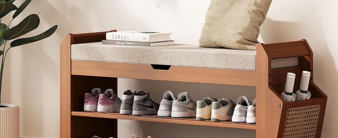 31.5″ Bamboo Shoe Rack Bench with Storage, 3-Tier Entryway Bench with Thick Cushion, Flip-Top & Side Baskets, Holds Up to 550 LBS for Hallway, Living Room, Bedroom